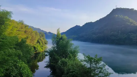 晨雾轻拢水面，似一缕纱幔将远山与近树悄然相连。岸边竹木青翠欲滴，倒映在平静的湖水中，织成一幅流动的画。天光微启，雾霭渐散，山峦与水色在静谧中苏醒。