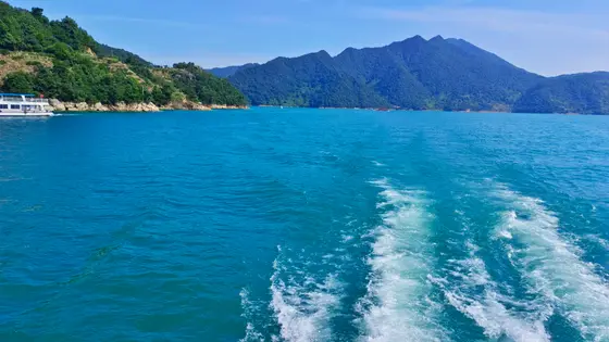 湖面铺展成一块无边的翡翠，群山是泼墨画里淡去的远黛。游船轻剪开湛蓝的绸缎，将雪白的絮语一路撒向天际。此刻，风是柔软的，时间也被染上了水的颜色。
