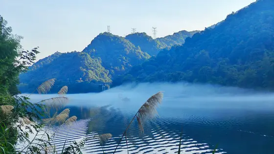 晨雾轻吻湖面，群山在朦胧中舒展青黛。芦苇低语着晨风的秘密，一叶扁舟枕着微澜，枕着未醒的蓝绸。远塔与山影在薄霭里晕染成诗，碎银般的波光里，藏着大自然未央的梦。