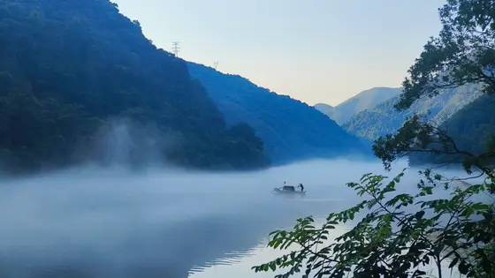 晨雾如轻纱，漫过青黛色的山峦，在镜面般的湖心缓缓沉浮。  
一叶扁舟悄然划开薄雾，舟上人的身影隐入水墨的朦胧里。  
远山衔着淡金色的微光，近处的枝叶垂下翠色的低语。  
时间在这里变得很轻，仿佛一片未落的叶子，悬在山与水的呼吸之间。