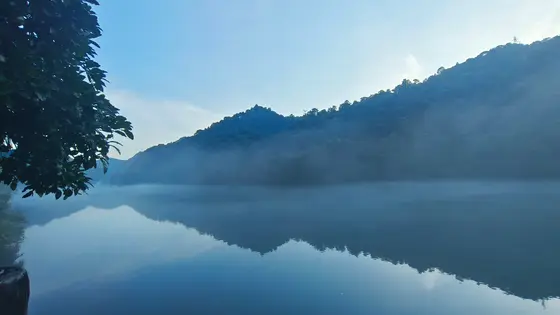 山是沉睡的墨，水是流淌的诗，薄雾轻纱般拂过青峦，在镜面似的湖心写下对称的梦境。晨光在叶尖醒来，为这幅静谧的水墨，添上一笔温柔的微亮。
