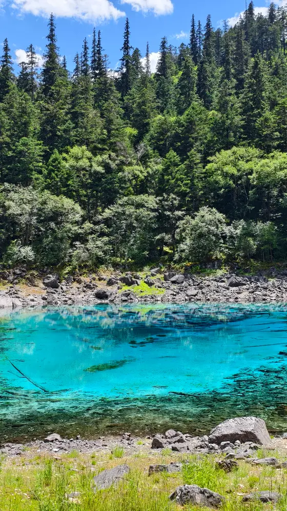 碧蓝的湖水如镜面般静卧山间,倒映着葱郁的森林与流云。岸边岩石错落,与青草相映成趣,仿佛在低语古老的传说。阳光穿透枝叶,在水面洒下斑驳光影,为这片秘境披上一层金色的纱衣。