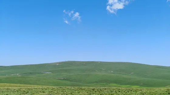 蓝天如洗，几朵闲云慵懒地飘着。  
青山如黛，起伏间勾勒出大地的呼吸。  
风拂过草尖，留下一片绵延的绿意。  
静谧里，时间仿佛慢成了山坡上的光影。
