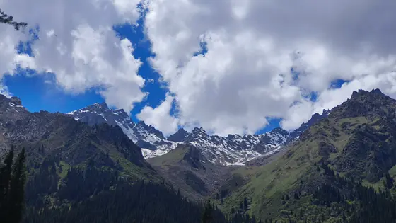 峰峦如刃，裁开一方蓝缎，云絮从山肩轻轻滑落。积雪是它未融的叹息，在风里化作冰川的低语。深谷中的松涛，日夜吟唱着亘古的歌谣。