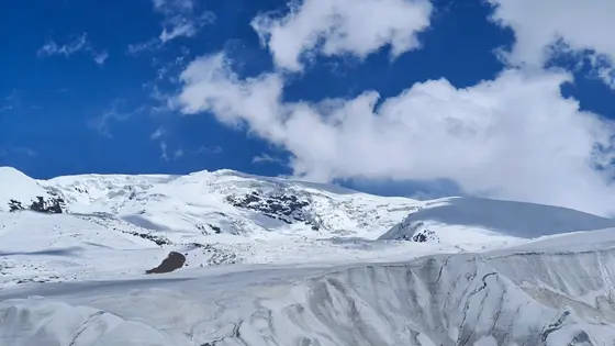 雪山披着无瑕的白纱，静卧在湛蓝天穹之下。云影如游龙般拂过冰川的裂隙，在纯白画布上勾勒出瞬息的墨痕。时间在这里凝结成冰晶，每一次呼吸都带着远古的清冽。