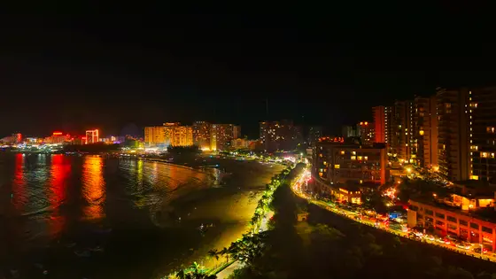 夜幕低垂，海浪轻摇碎金，岸线蜿蜒如一道光的琴弦。楼宇的暖窗是夜空漏下的星，与潮汐共谱沙岸的私语。远处霓虹浸染波心，恍若沉落的胭脂扣，将寂静与喧嚣缝合在一处。