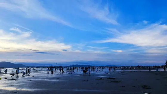 天空渐暗，云絮如烟，淡金色的余晖洒在海面。沙滩上人影点点，嬉笑随潮声轻漾。远处山影朦胧，与天际霞光相接，夜色正缓缓铺开。