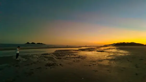 暮色缓缓浸染天际，海与天的交界处流淌着融化的金黄。湿润的沙滩如镜，倒映着最后一缕余晖，仿佛大地捧着一碗碎光。孤独的身影在岸边伫立，任海风将思绪吹散成远方的浪花。